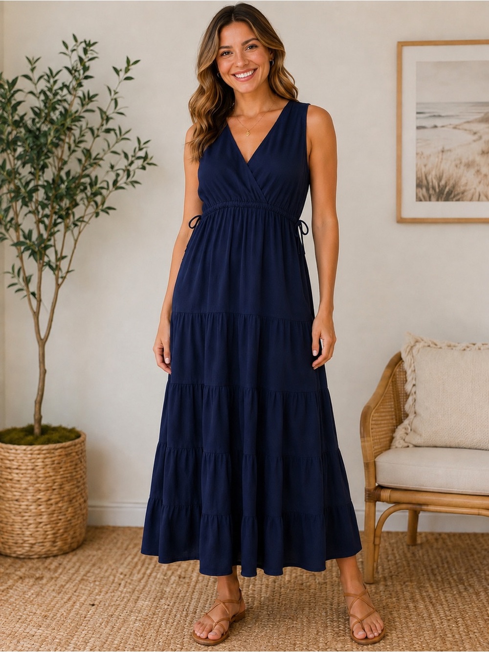 Max Studio Navy Sleeveless Tiered V‑Neck Maxi Dress